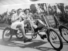 1940s TWO BUTLINS HOLIDAY CAMP PHOTOS CLACTON BY WATERFALL AND ON TRICYCLE.jpg