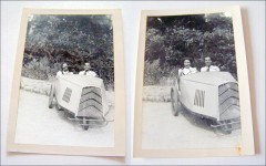 VINTAGE PHOTO TWO PEOPLE SITTING IN A UNUSUAL PEDAL CAR TWO STEERING WHEELS.JPG